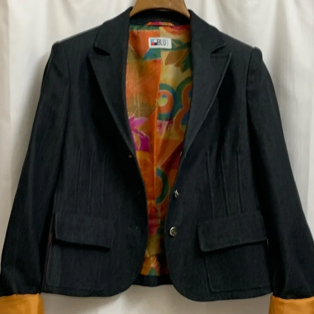 Vintage Black Denim Tailored Structured Blazer Jacket with Colorful Lining